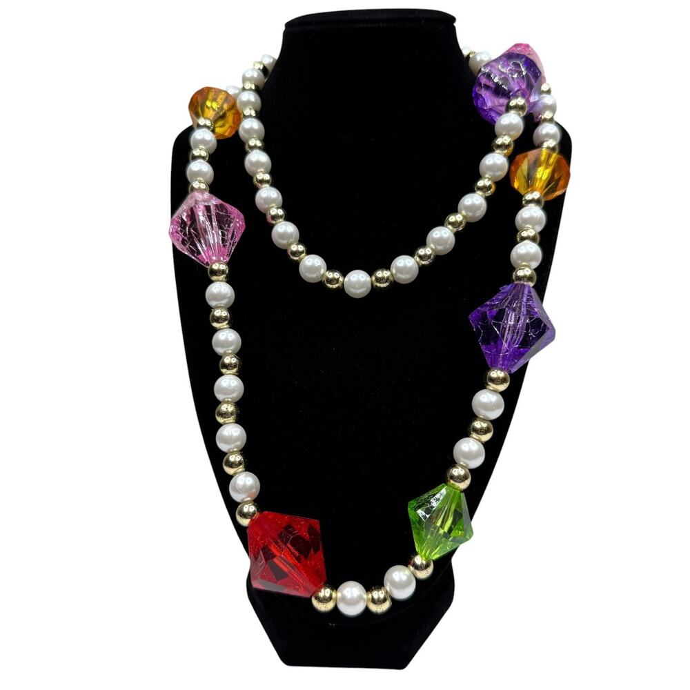 Multicolor Acrylic Faceted Bead & Faux Pearl Long Necklace Statement Jewelry 20"